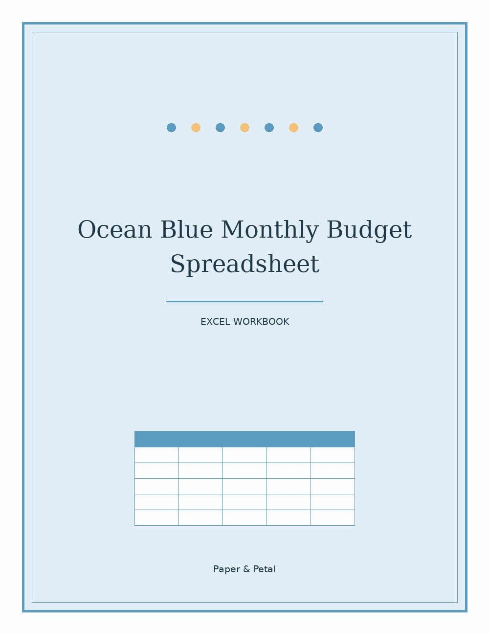 Ocean Blue Monthly Budget Spreadsheet — Start Anytime