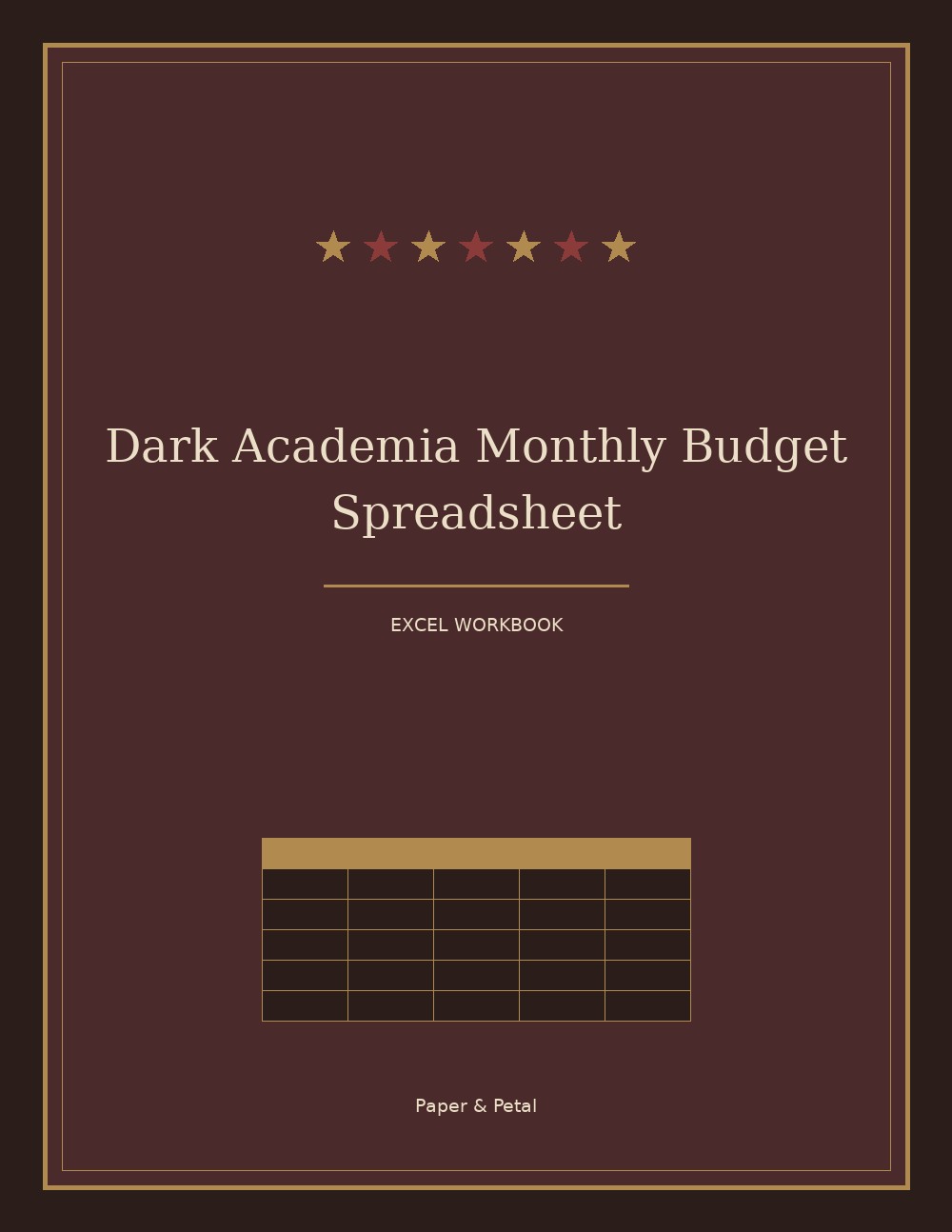 Dark Academia Monthly Budget Spreadsheet — Start Anytime